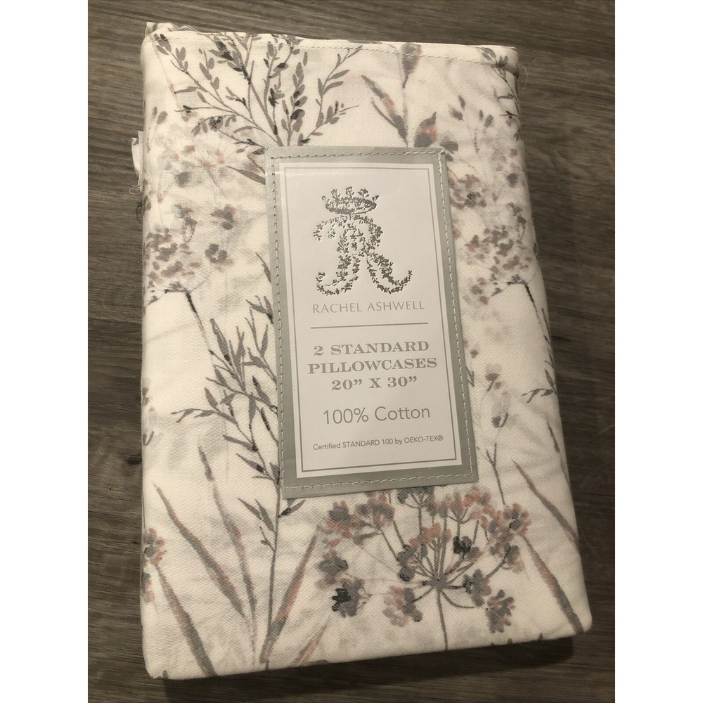 Rachel Ashwell Standard Pillowcase Set Gray Floral Coral /White 100% Cotton New